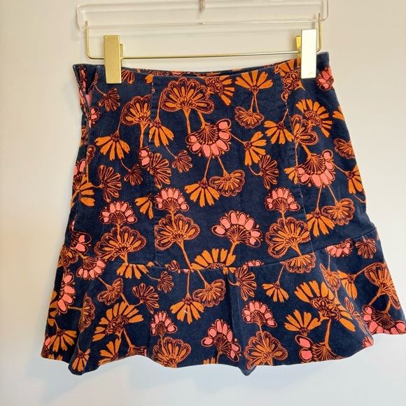 Free People Corduroy Navy Blue and Orange Print Flounce Hem Mini Skirt - Picture 4 of 5